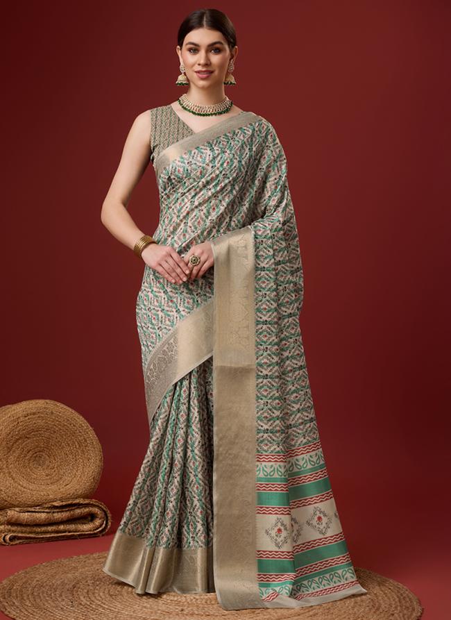 Cotton Green Festival Wear Floral Print Saree